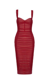 RED RUCHED BANDAGE MIDI DRESS