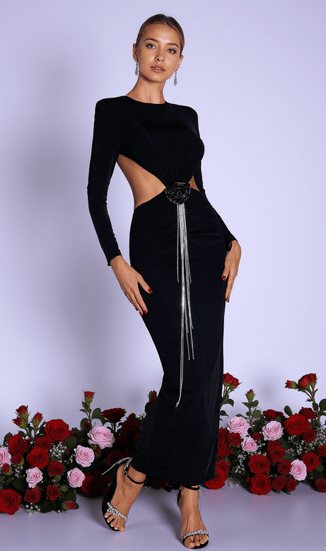 Kaelyn 3D Floral Fringe Cutout Maxi Dress
