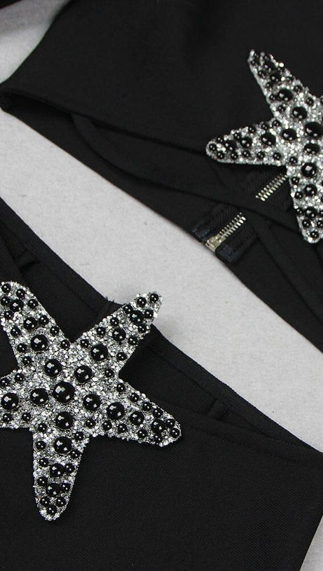 BLACK BEADED STARFISH DIAMOND LONG SLEEVE HIGH WAISTED SPLIT SKIRT
