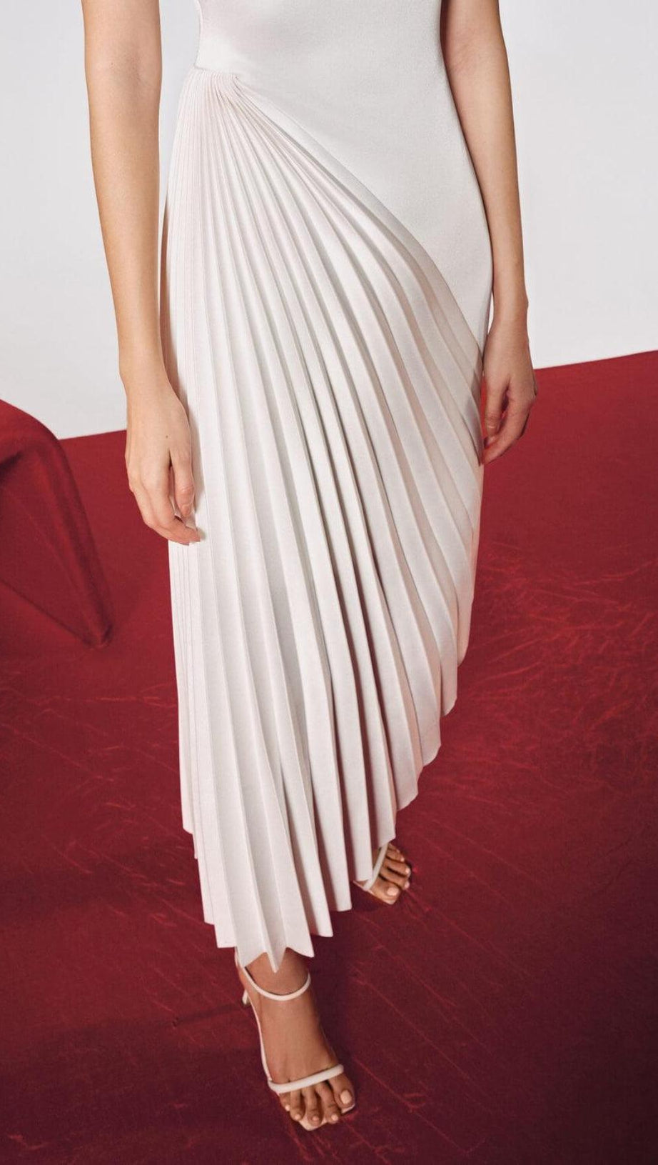 WHITE DIAGONAL PLEATED MIDI DRESS