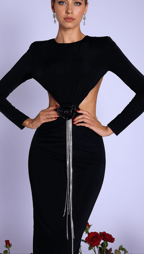 ABITO LUNGO CON FRANGE E TAGLIO FLOREALE 3D KAELYN