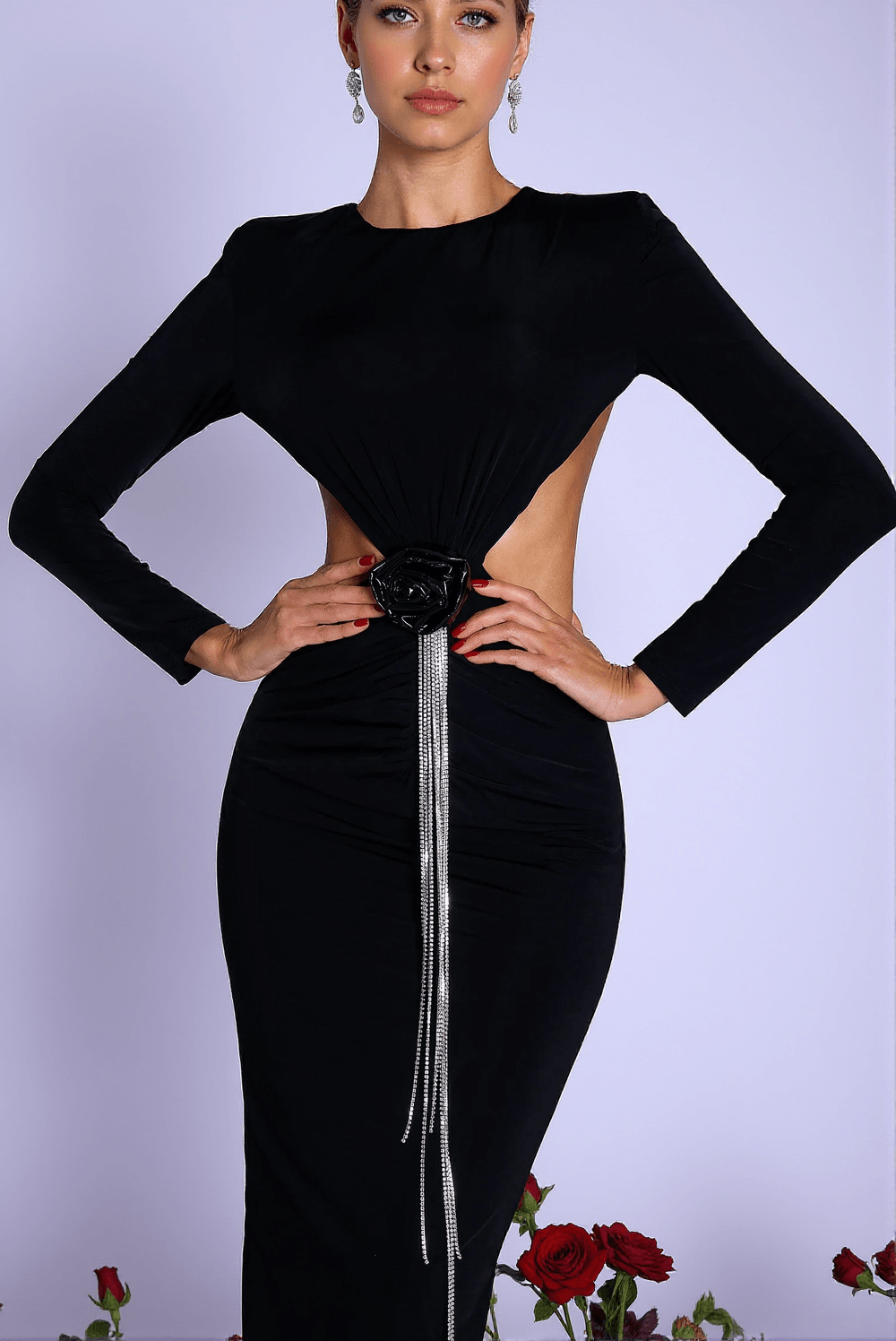 ABITO LUNGO CON FRANGE E TAGLIO FLOREALE 3D KAELYN