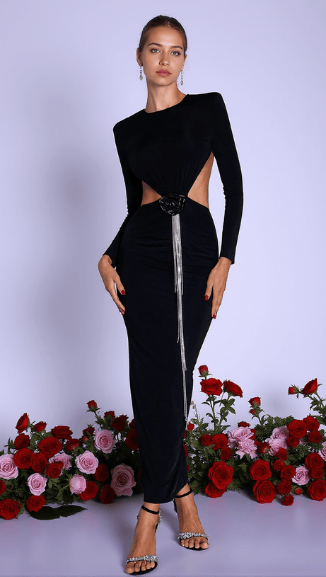 ABITO LUNGO CON FRANGE E TAGLIO FLOREALE 3D KAELYN