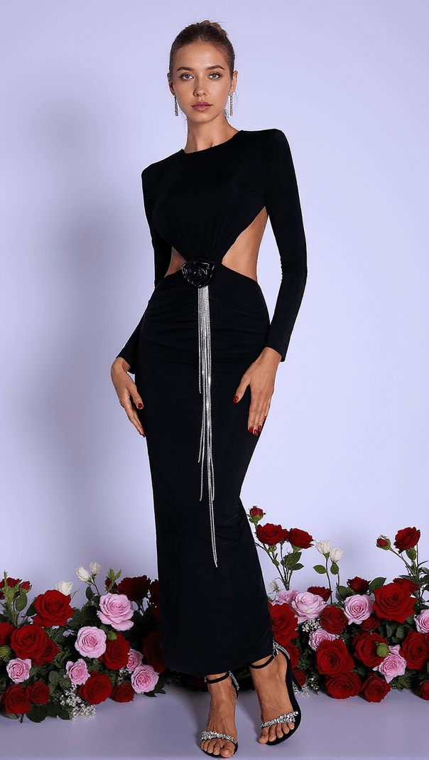 AIIZIE KAELYN 3D FLORAL FRINGE CUTOUT MAXI DRESS - product image