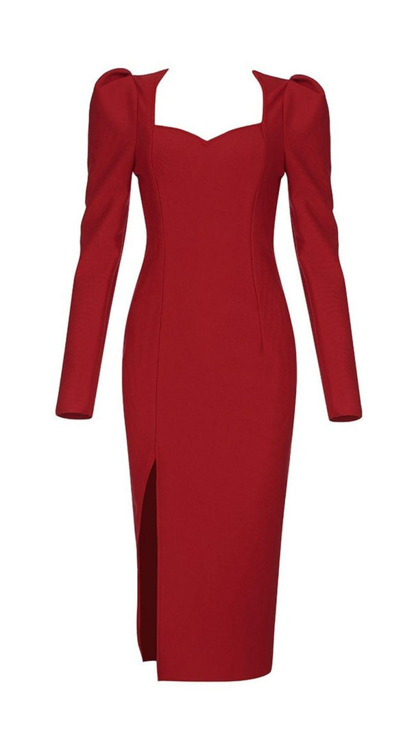 AIIZIE RED PUFF SEELVE BANDAGE MIDI DRESS - product image