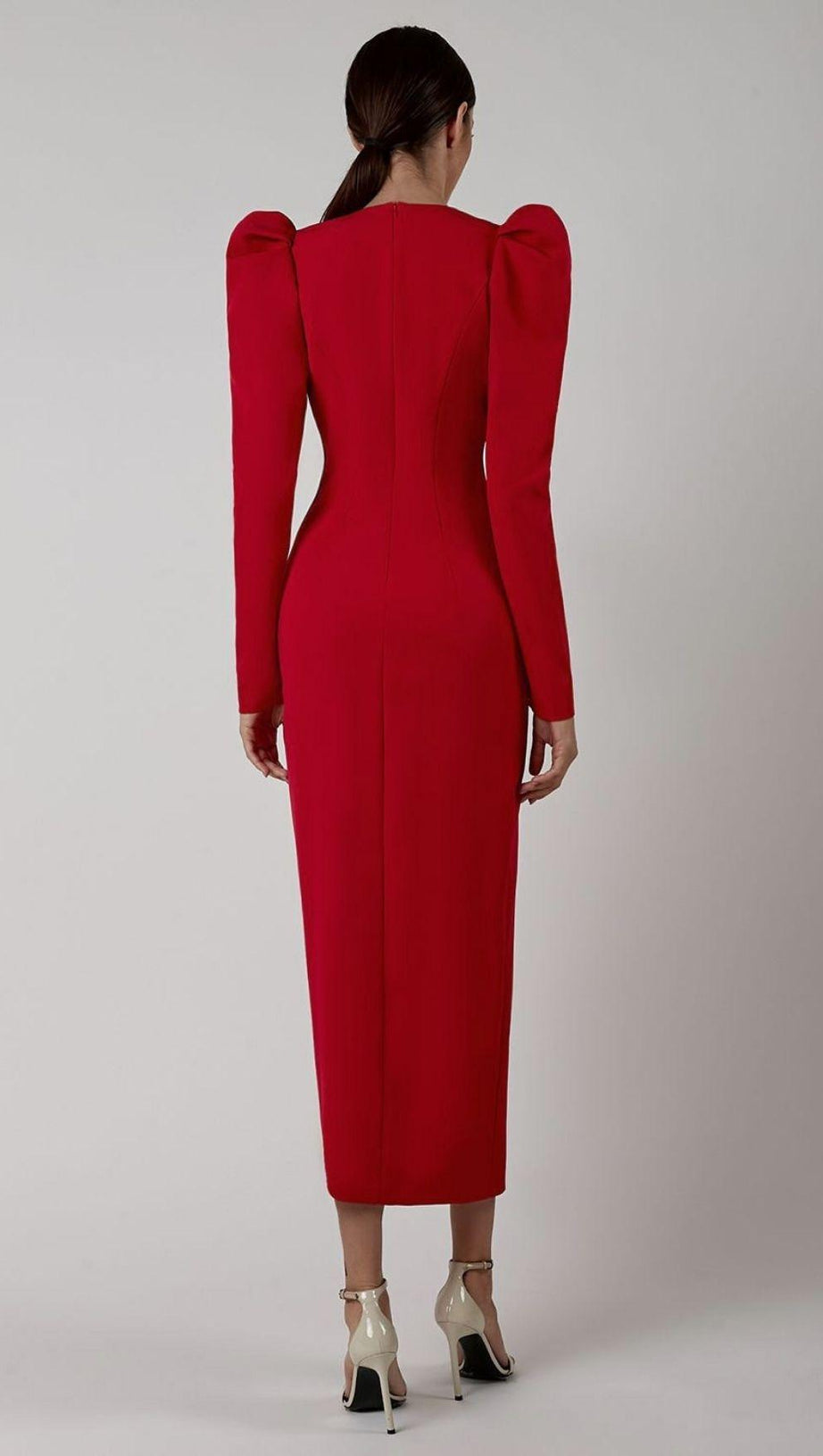 RED PUFF SEELVE BANDAGE MIDI DRESS