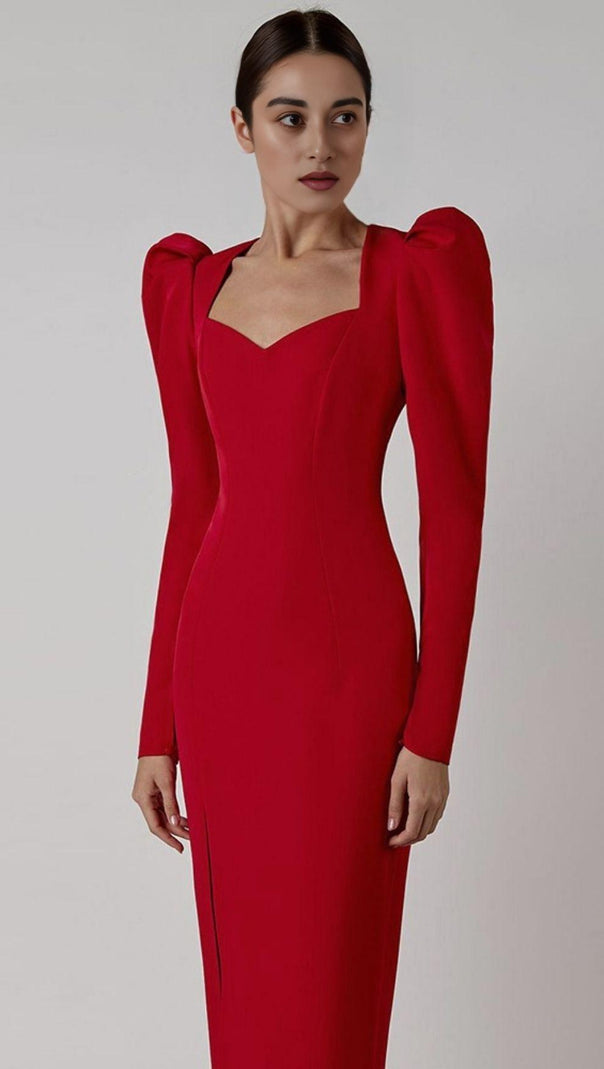 AIIZIE RED PUFF SEELVE BANDAGE MIDI DRESS - product image