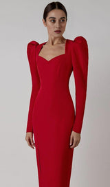 RED PUFF SEELVE BANDAGE MIDI DRESS