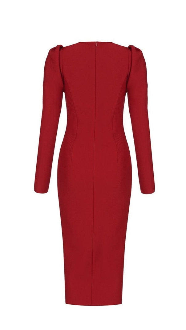 AIIZIE RED PUFF SEELVE BANDAGE MIDI DRESS - product image