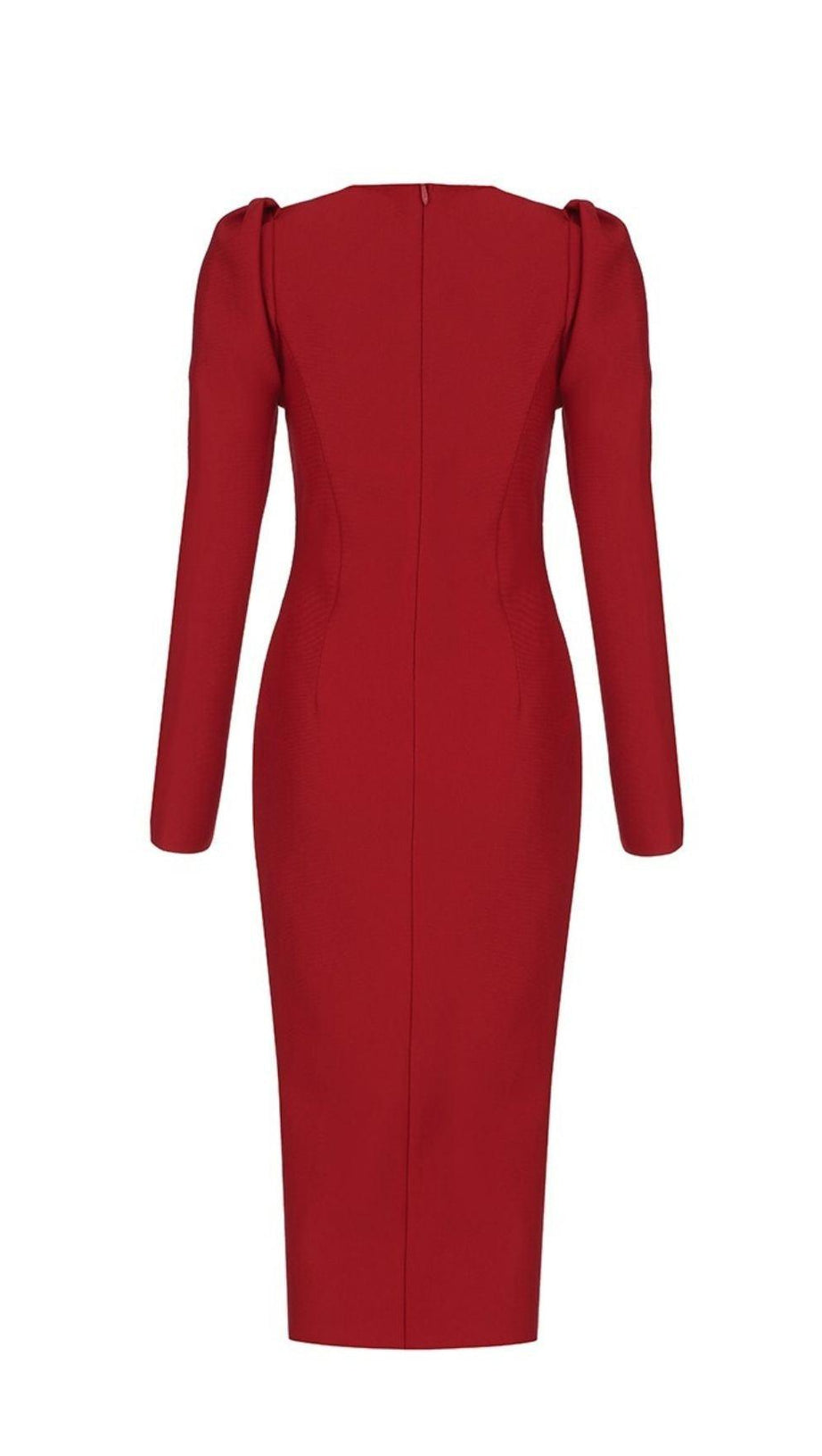 RED PUFF SEELVE BANDAGE MIDI DRESS