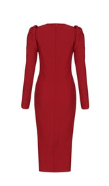 RED PUFF SEELVE BANDAGE MIDI DRESS