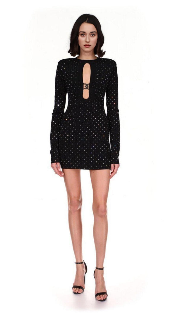 AIIZIE BLACK CRYSTAL PLUNGE MINI DRESS - product image