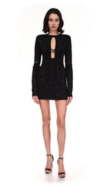 BLACK CRYSTAL PLUNGE MINI DRESS