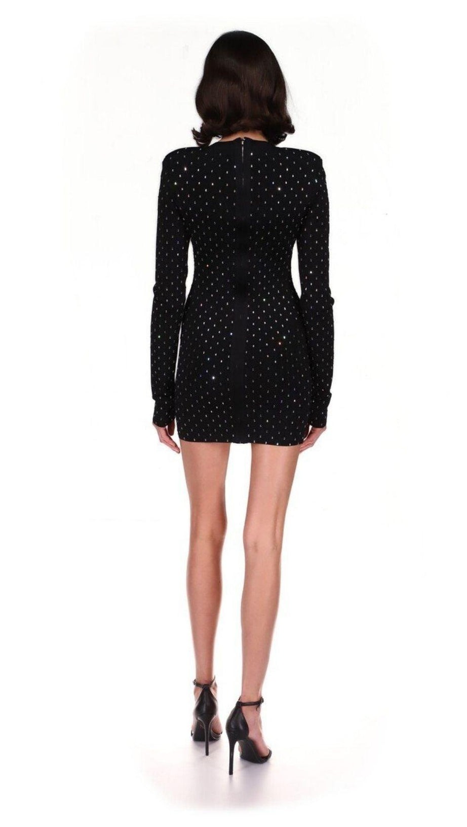 BLACK CRYSTAL PLUNGE MINI DRESS