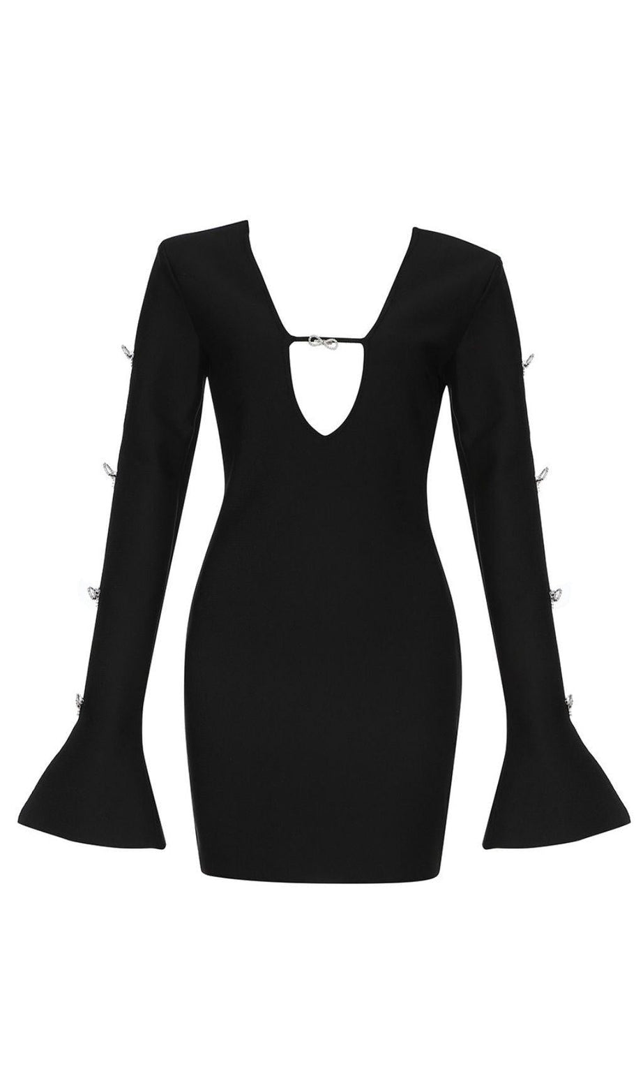 MINI ABITO NERO CON FIOCCO DI CRISTALLI E FASCIA