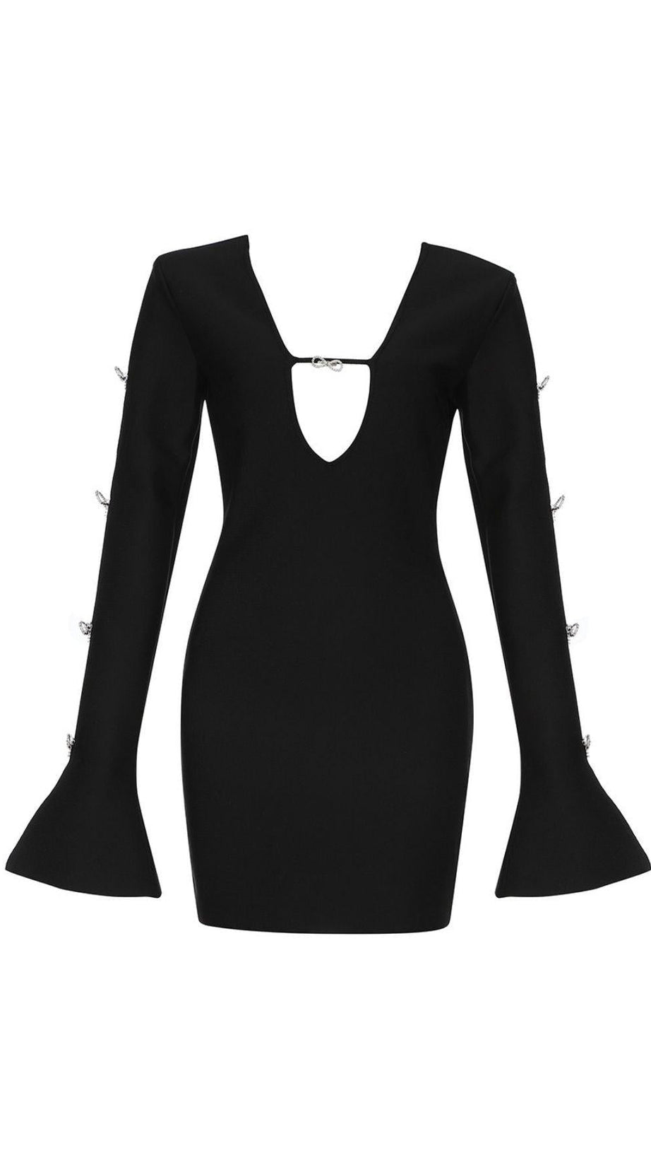 BLACK PLUNGE CRYSTAL BOW BANDAGE MINI DRESS
