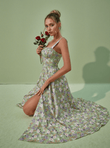 Maire Floral Split Midi Dress In Green