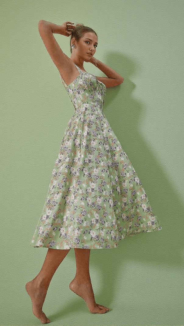 AIIZIE MAIRE FLORAL SPLIT MIDI DRESS IN GREEN - product image