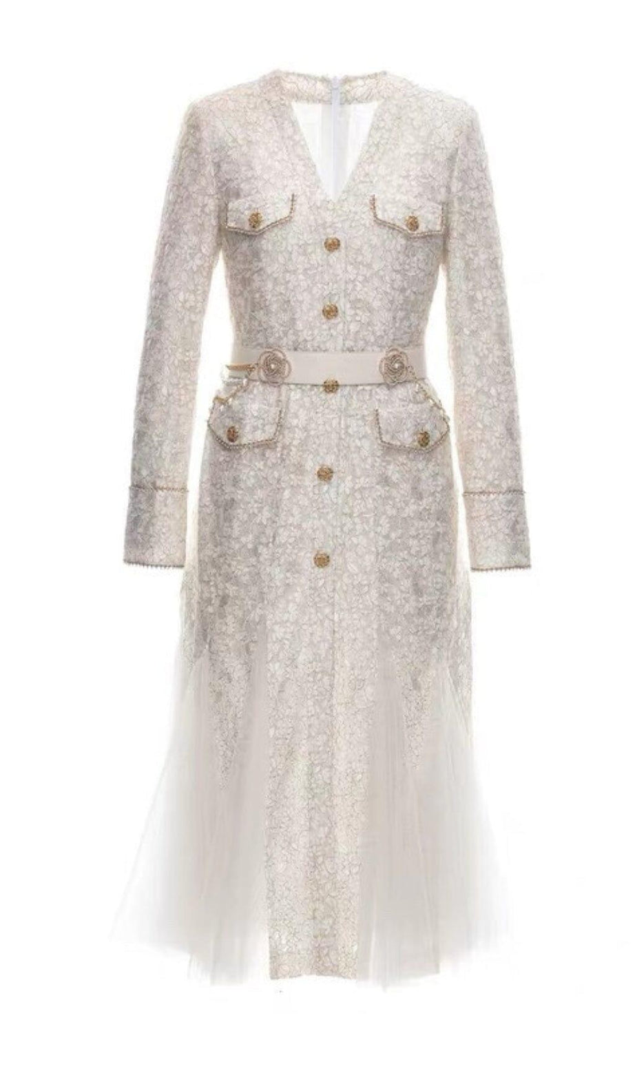 BEIGE LEICHTES LUXUS-NETZ-FISCHSCHWANZ-SPITZENKLEID MIT VERDICKTER PASSFORM