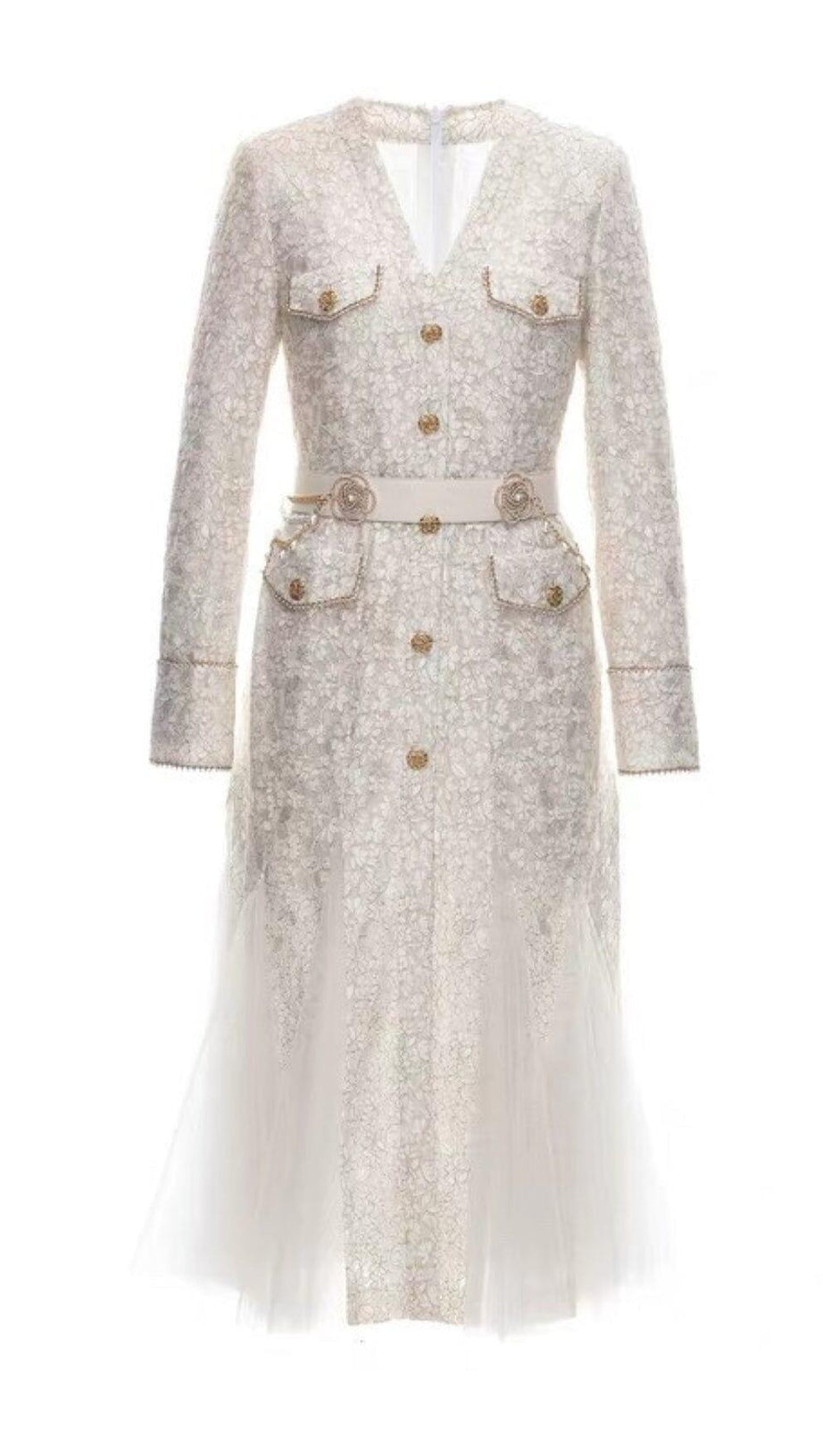 BEIGE LEICHTES LUXUS-NETZ-FISCHSCHWANZ-SPITZENKLEID MIT VERDICKTER PASSFORM