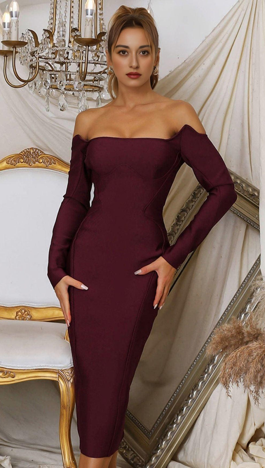 CHERRY STRAPLESS BANDAGE MIDI DRESS