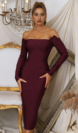 CHERRY STRAPLESS BANDAGE MIDI DRESS