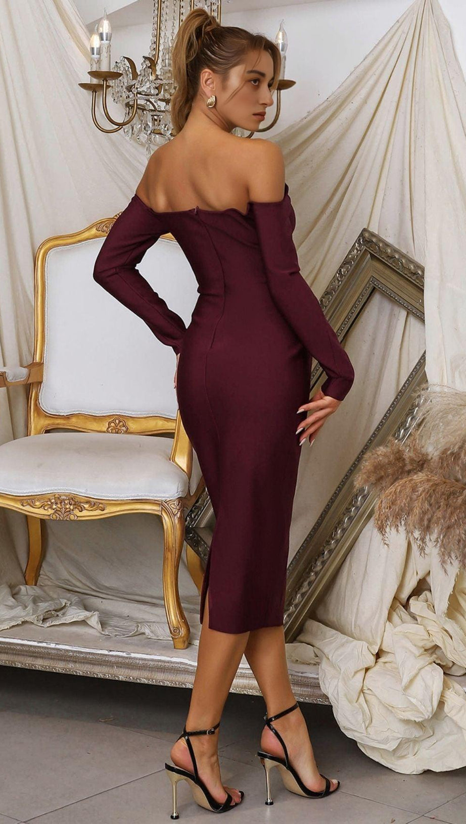 CHERRY STRAPLESS BANDAGE MIDI DRESS