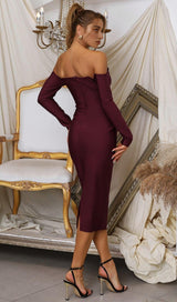 CHERRY STRAPLESS BANDAGE MIDI DRESS