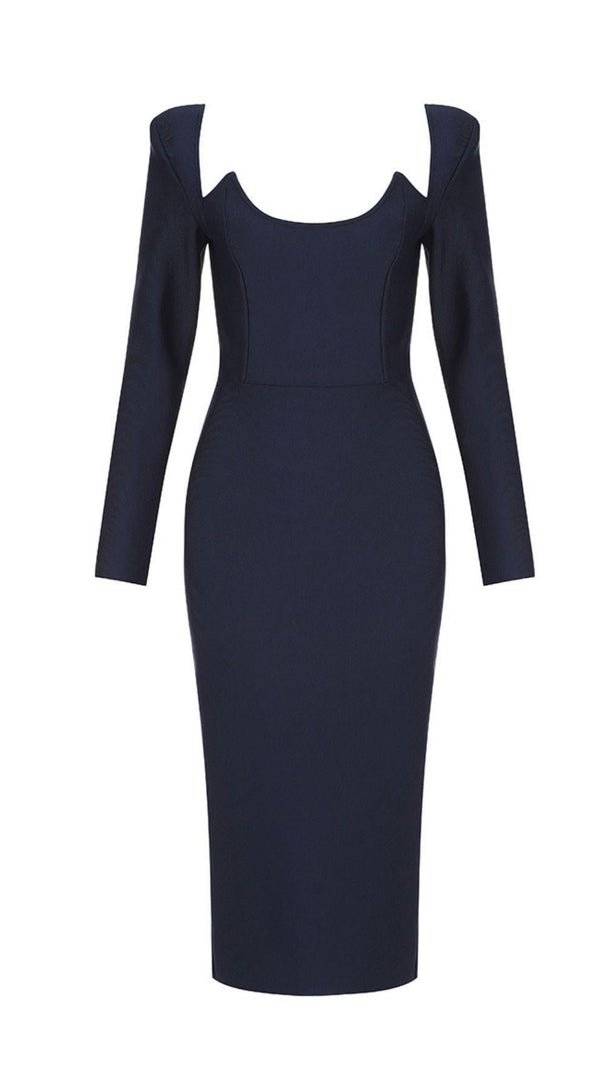 AIIZIE BLUE PLUNGE LONG SLEEVE BANDAGE MIDI DRESS - product image