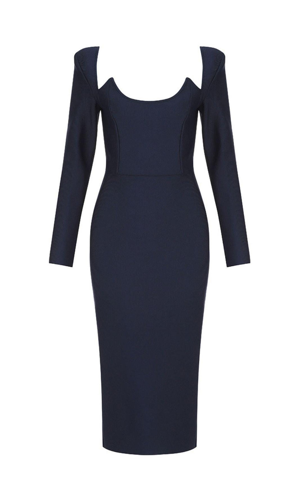 ABITO MIDI BLU CON SCOLLO A V E MANICHE LUNGHE