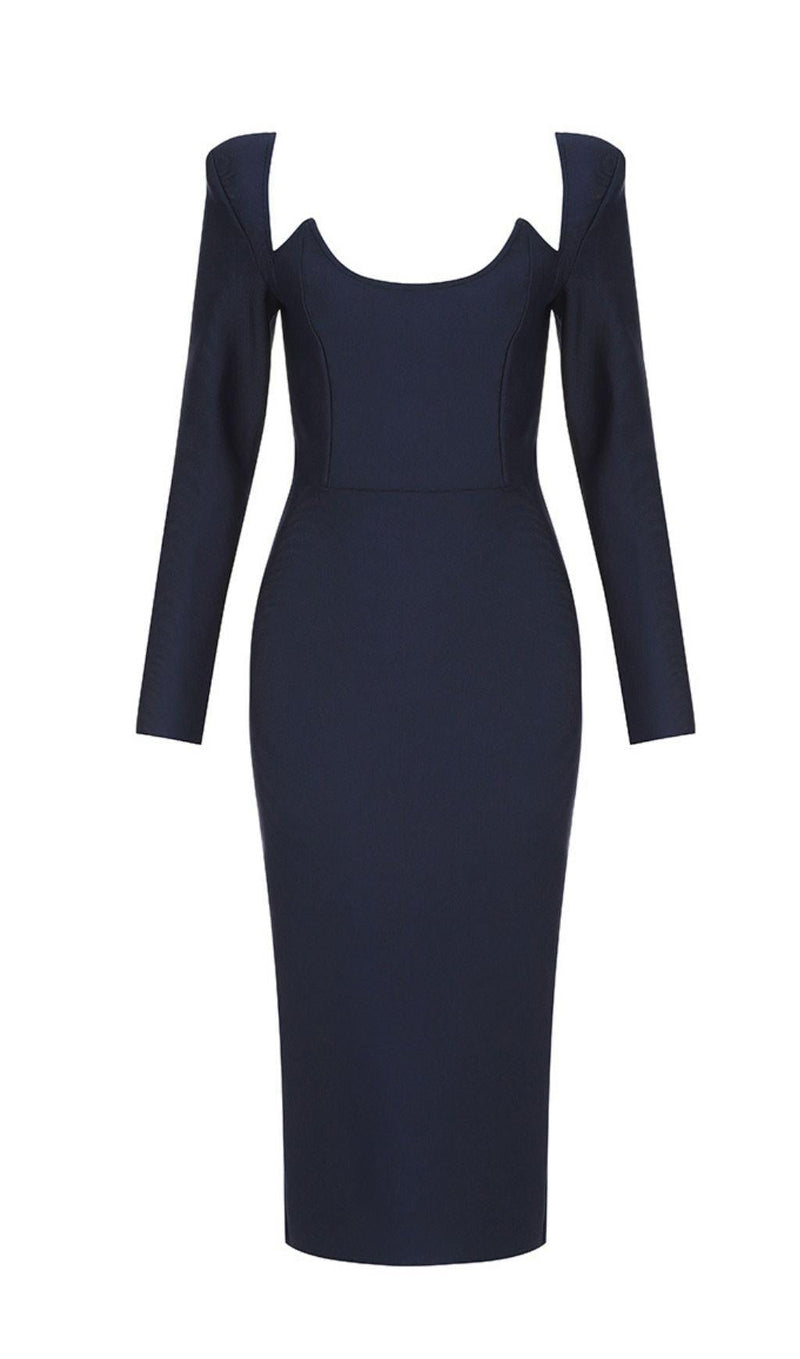 BLUE PLUNGE LONG SLEEVE BANDAGE MIDI DRESS