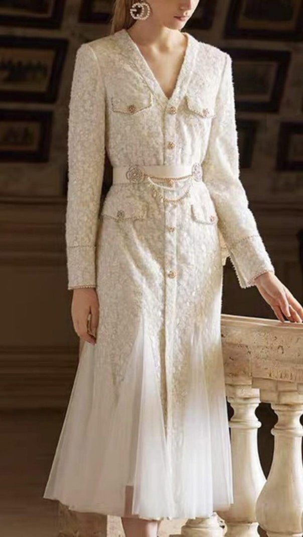 AIIZIE BEIGE LIGHT LUXURY MESH FISHTAIL LACE THICKENED DRESS - product image