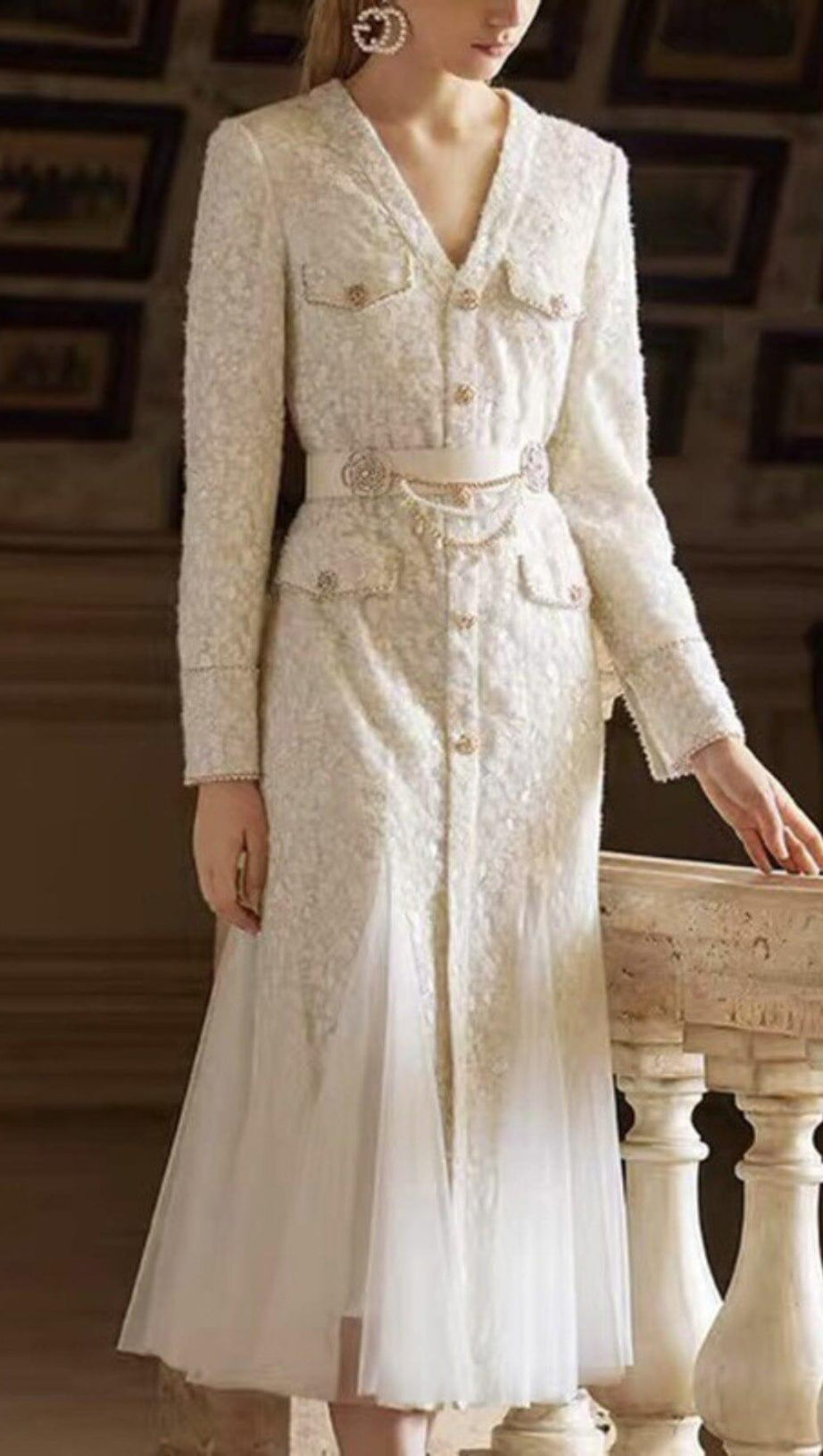 BEIGE LIGHT LUXURY MESH FISHTAIL LACE THICKENED DRESS