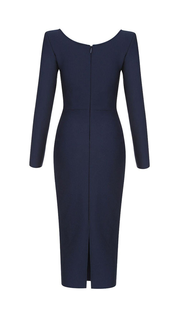 AIIZIE BLUE PLUNGE LONG SLEEVE BANDAGE MIDI DRESS - product image