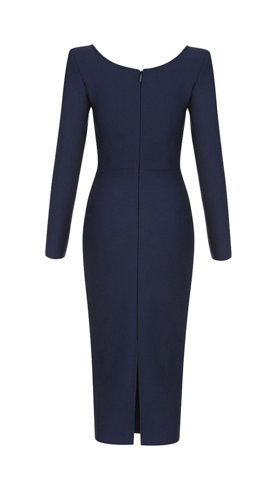 BLUE PLUNGE LONG SLEEVE BANDAGE MIDI DRESS