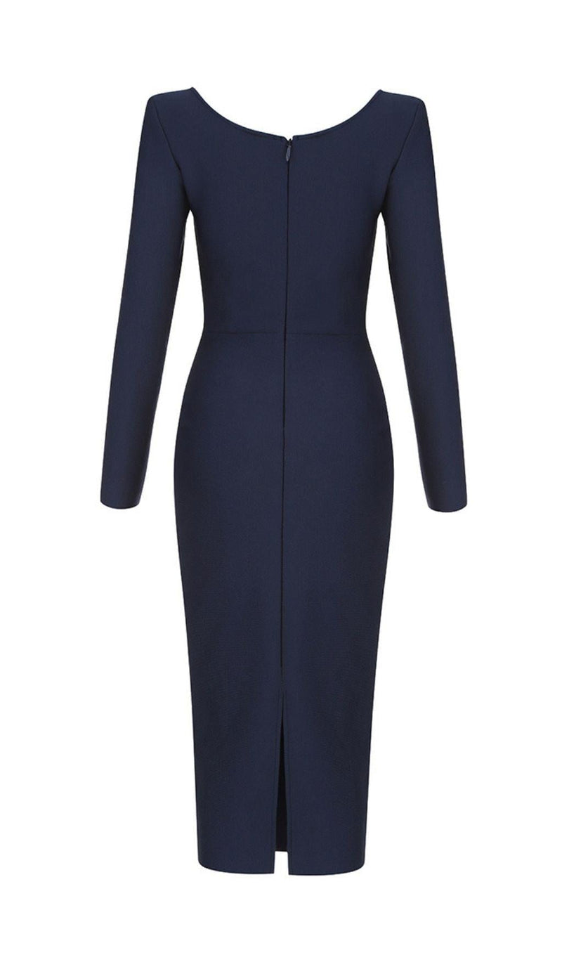 BLUE PLUNGE LONG SLEEVE BANDAGE MIDI DRESS