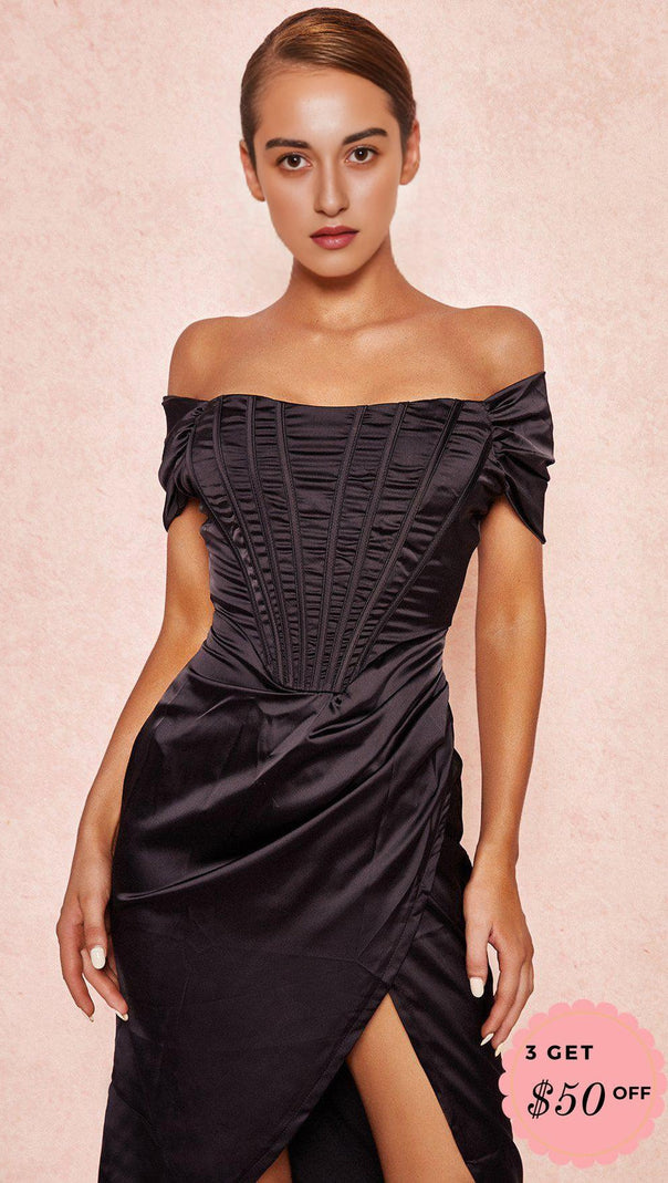 AIIZIE SATIN OFF SHOULDER MIDI DRESS IN BLACK - product image