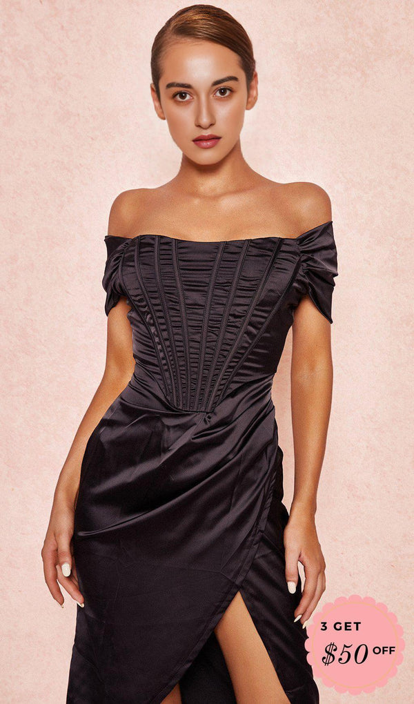 SATIN OFF SHOULDER MIDI DRESS IN BLACK