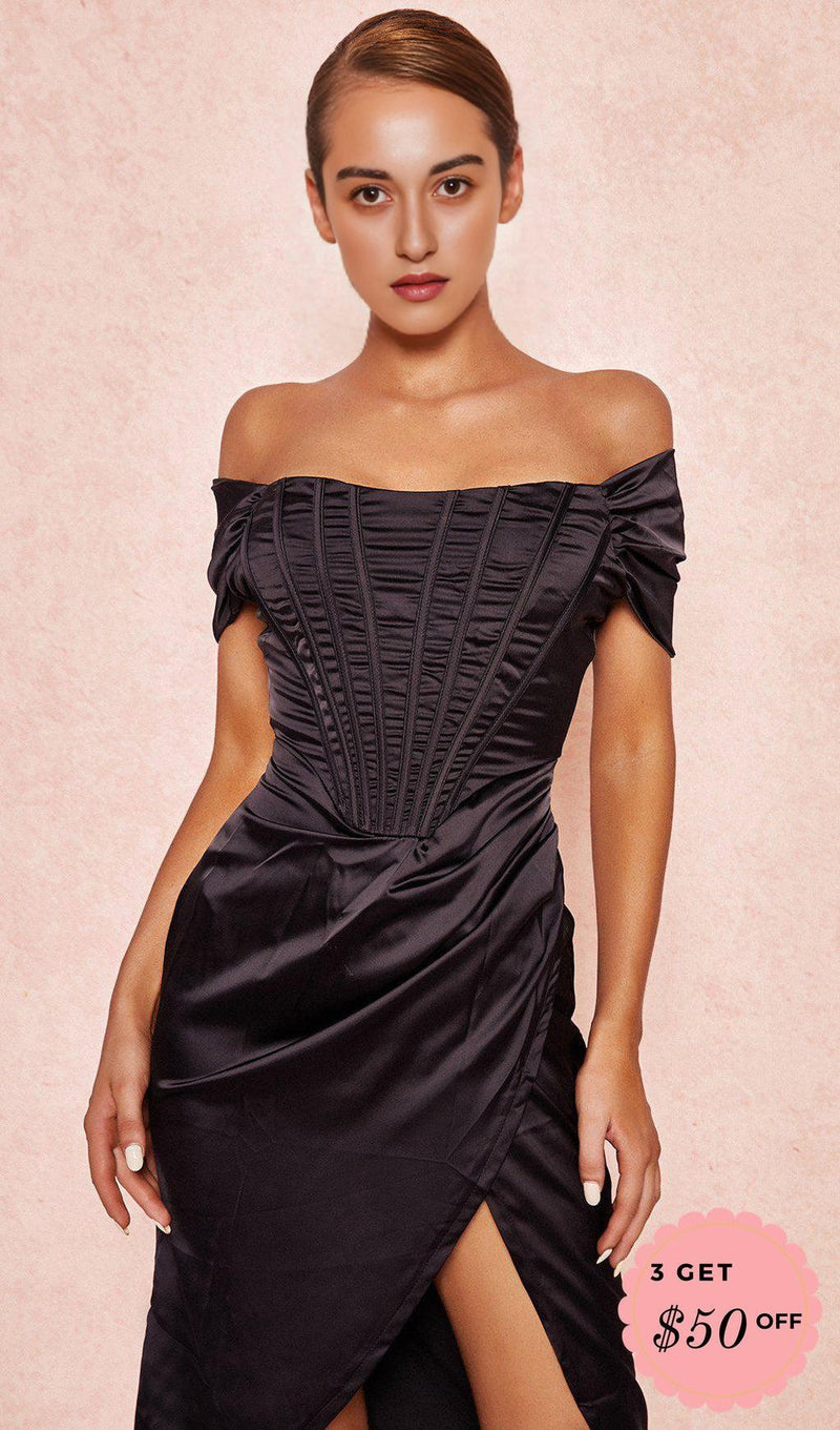 SATIN OFF SHOULDER MIDI DRESS IN BLACK