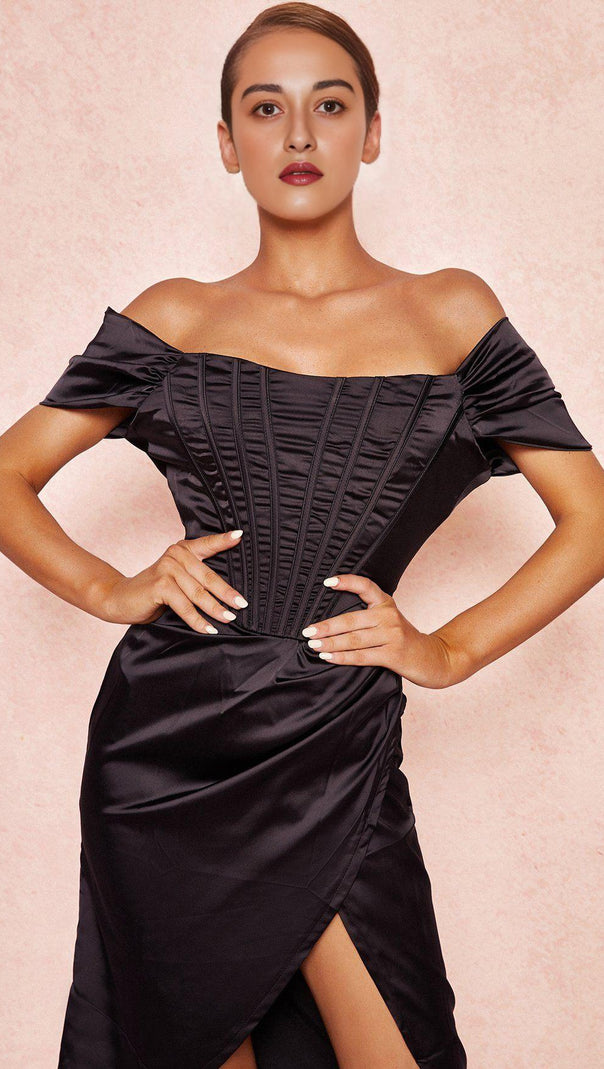 AIIZIE SATIN OFF SHOULDER MIDI DRESS IN BLACK - product image