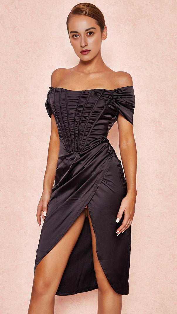 AIIZIE SATIN OFF SHOULDER MIDI DRESS IN BLACK - product image