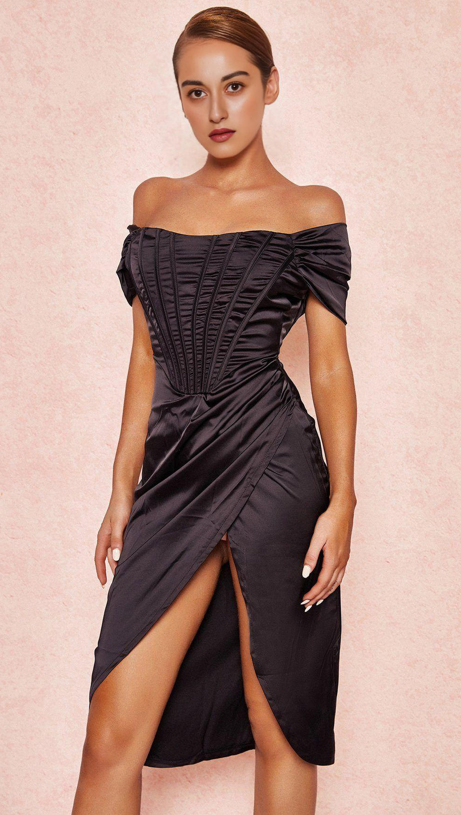 ABITO MIDI IN RASO CON SPALLE SCOPERTE NERO