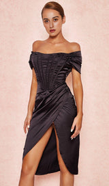 SATIN OFF SHOULDER MIDI DRESS IN BLACK