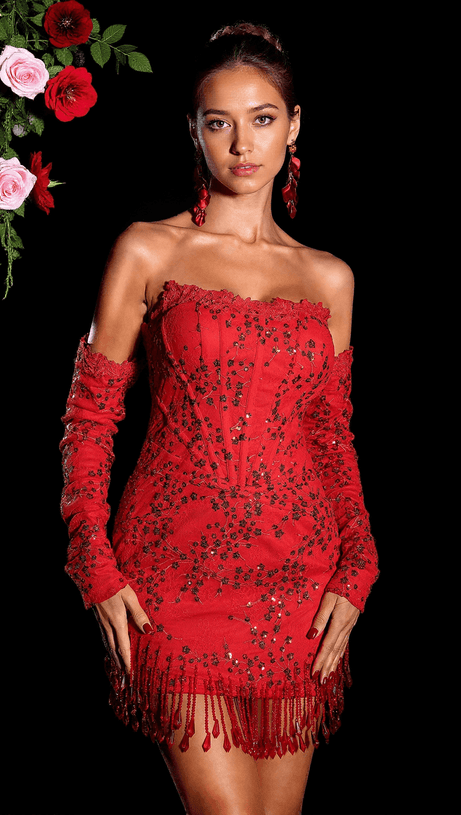 EFSTATHIA MINI ABITO ADERENTE IN PIZZO CON PERLINE E PAILLETTES