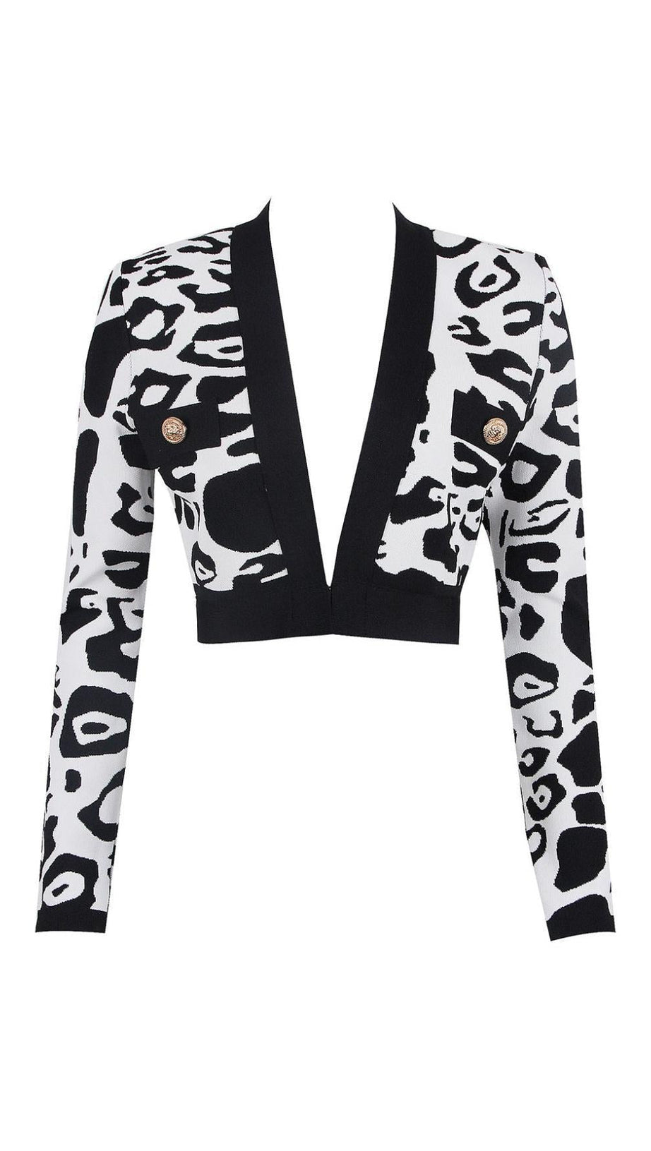 Kurze Bandagejacke mit tiefem V-Ausschnitt und Leopardenmuster in Schwarz