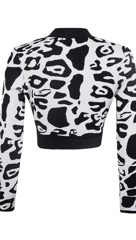 Kurze Bandagejacke mit tiefem V-Ausschnitt und Leopardenmuster in Schwarz