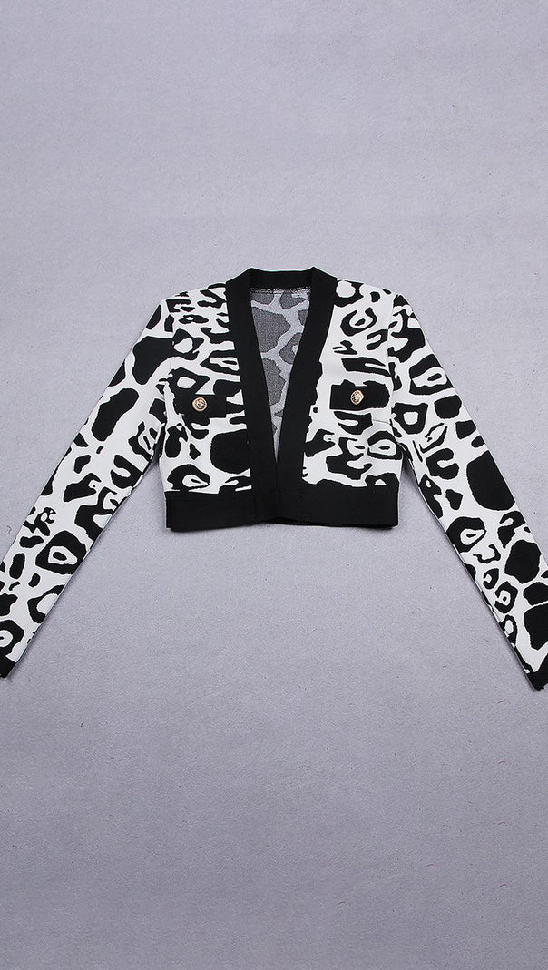 AIIZIE LEOPARD PRINT DEEP V SHORT BANDAGE JACKET IN BLACK - product image