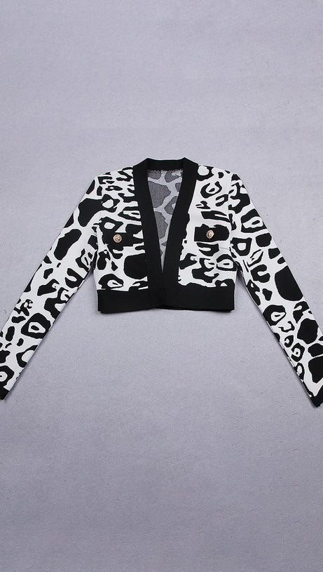Kurze Bandagejacke mit tiefem V-Ausschnitt und Leopardenmuster in Schwarz