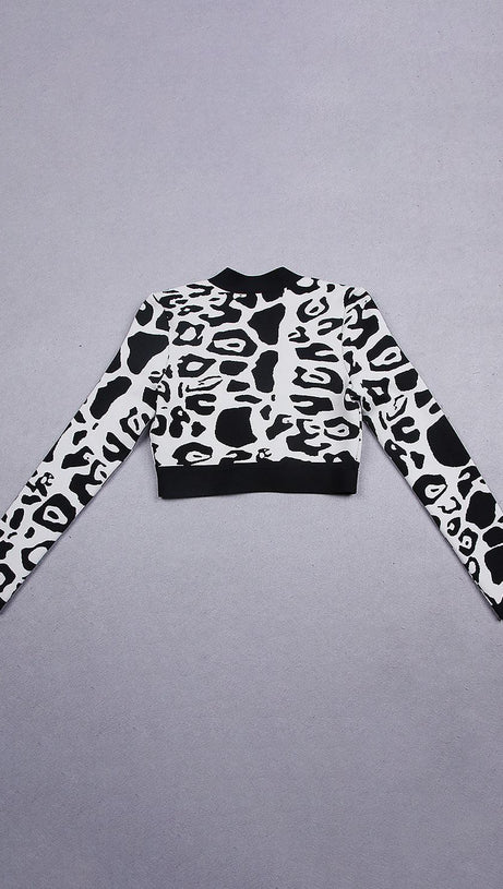 Kurze Bandagejacke mit tiefem V-Ausschnitt und Leopardenmuster in Schwarz