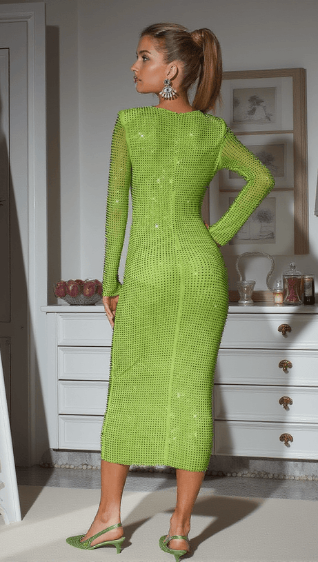 NERIAH LONG SLEEVE CRYSTAL MIDI DRESS IN GREEN